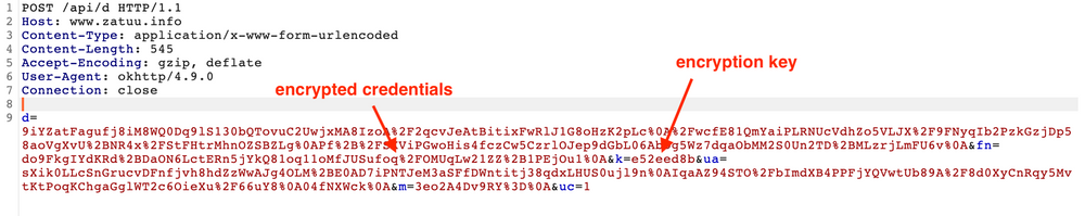 Code from Craftsart Cartoon Tools malwear showing encrypted credentials and an encryption key