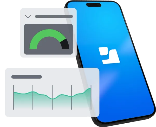 An illustration of a smartphone with the Jamf logo, surrounded by charts showing a high compliance score on a gauge and a steady performance graph, representing Jamf's device hardening and security monitoring capabilities.