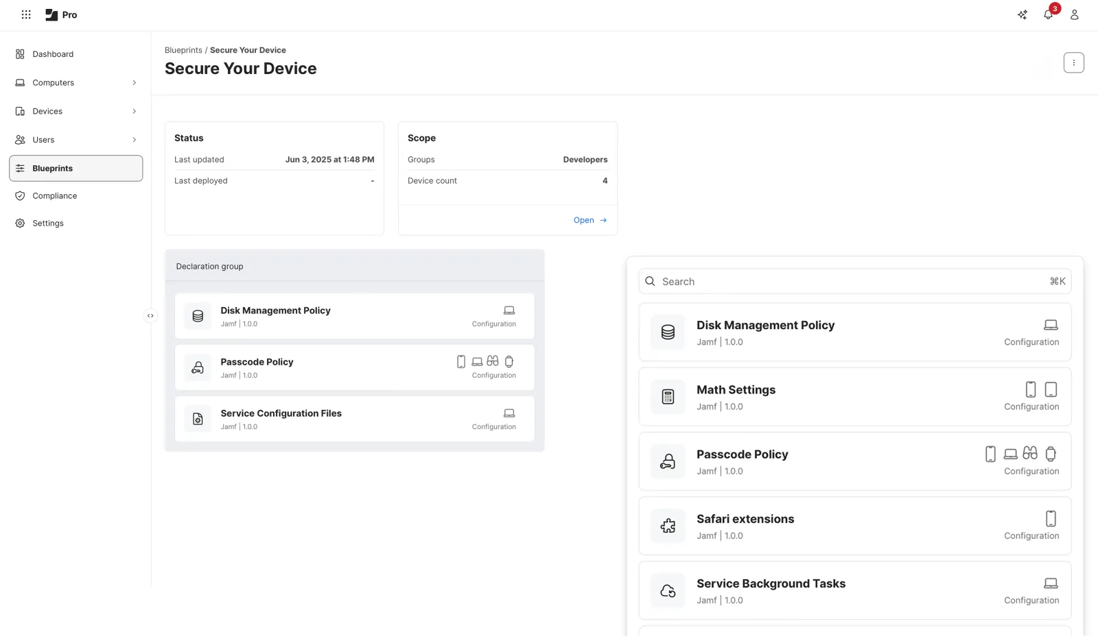 An image of Jamf Blueprints displaying Status, Scope, Delcaration Group with Disk Management Policy, Passcode Policy and Service Configuration Files.