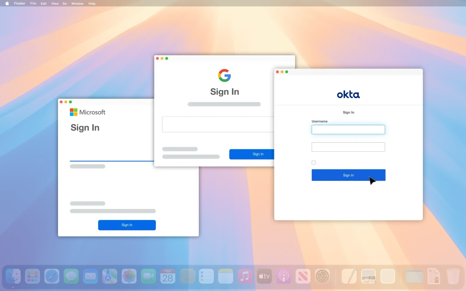 Jamf Connect login screen displaying options to sign in with Google, Microsoft, and Okta. The interface shows a user-friendly design with clear sign-in prompts for various identity providers.
