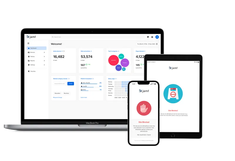 Apple device ecosystem - Mac, iPad iPhone with Jamf Safe Internet screens on Mac and blocked paged on mobile devices