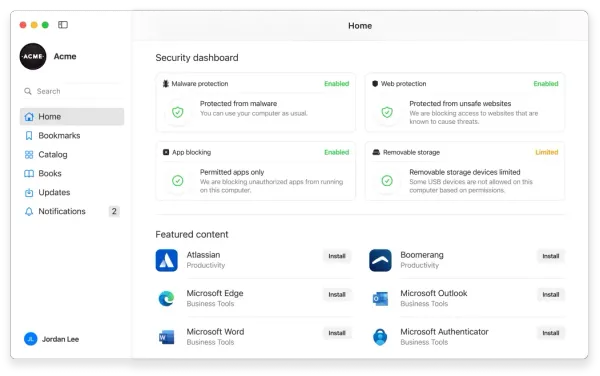 Image showing Security Dashboard with Malware protection, Web protection, App blocking and Removable storage. Below that is Featured content.