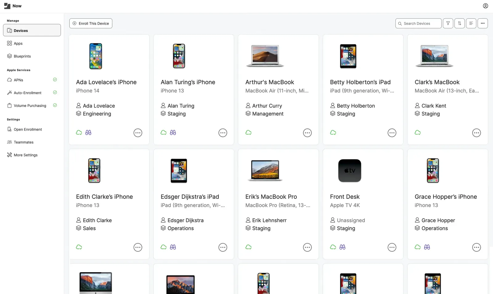 Jamf Now device management dashboard showing a grid of enrolled Apple devices, including iPhones, iPads and MacBooks.