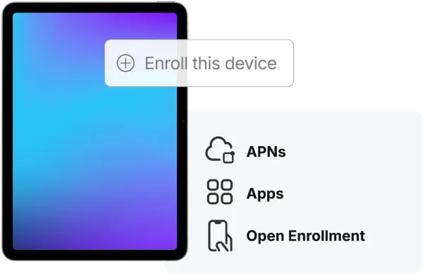Jamf Now interface showing the 'Enroll this device' option alongside APNs, apps and Open Enrollment settings.