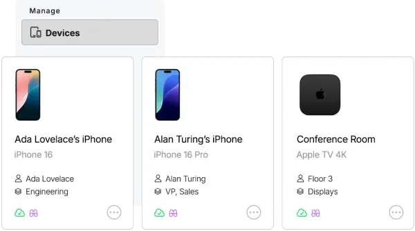 Jamf Now device management showing an enrolled iPhone 16 and iPhone 16 Pro, plus a conference room Apple TV.