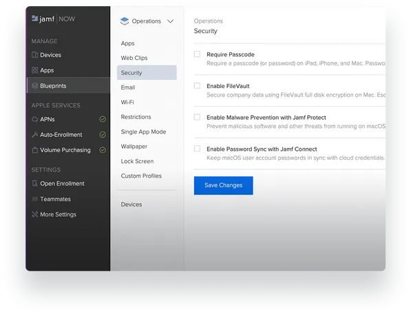 Jamf Now screen illustrating Jamf Now's Mac and mobile security capabilities.