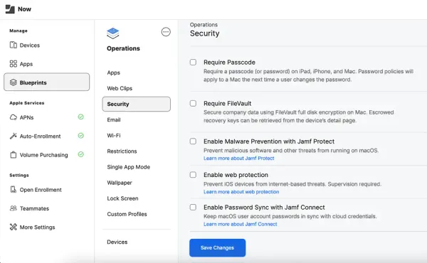 Screenshot of Jamf Now Security settings, showing options for passcode, Fire Vault, malware prevention, web protection and password sync.