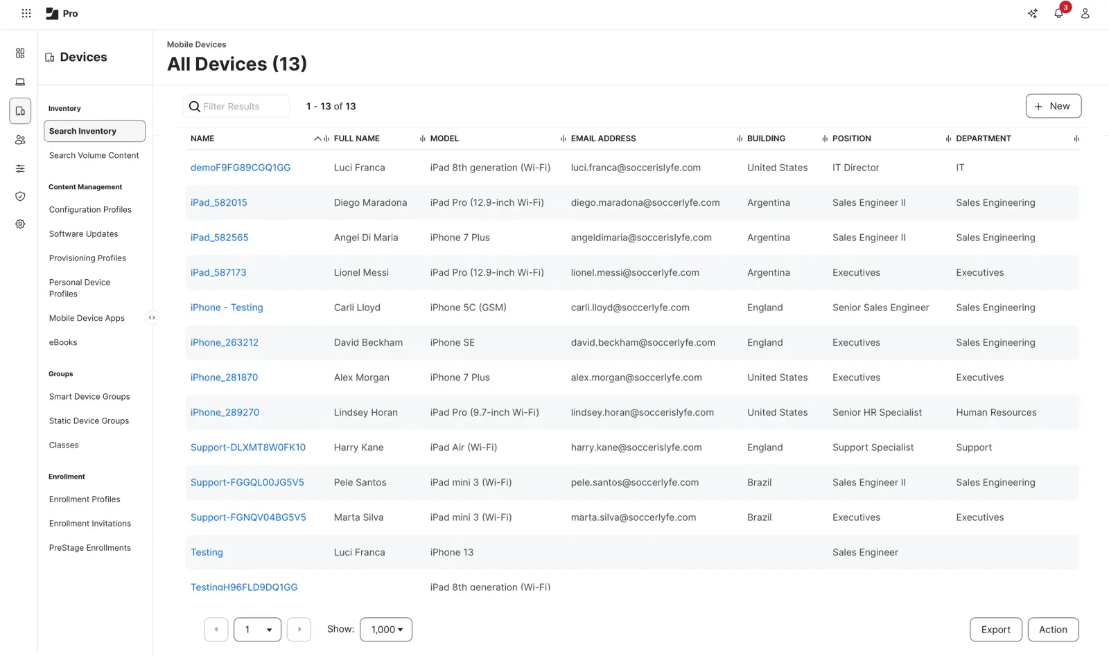 A Jamf Pro image showing all mobile devices with a list including names of each device, whether it is managed, which iOS version each device has, which iOS build they are on and battery levels for each one.