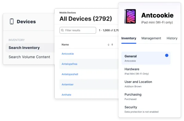 Jamf Pro image stack showing devices inventory and one ipad mini displaying general, hardware, user and location, purchasing and security information.