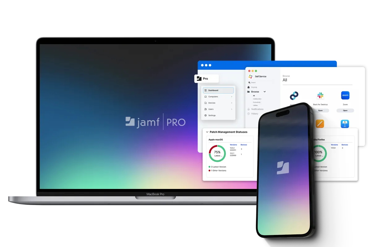 Jamf Pro software interface displayed on a MacBook Pro, iPhone, and application window. The dashboard shows patch management statuses for macOS and Firefox.
