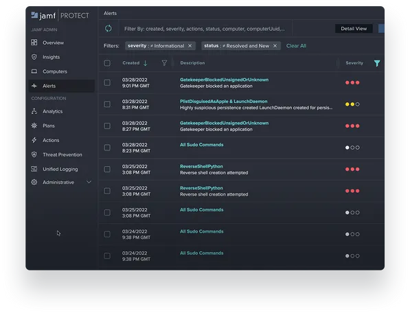 Screenshot of Jamf Protect's Mac endpoint security interface.