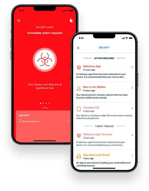 An iPhone showing mobile security management from Jamf Protect: a list of possible security threats at mobile endpoints in an Apple fleet.