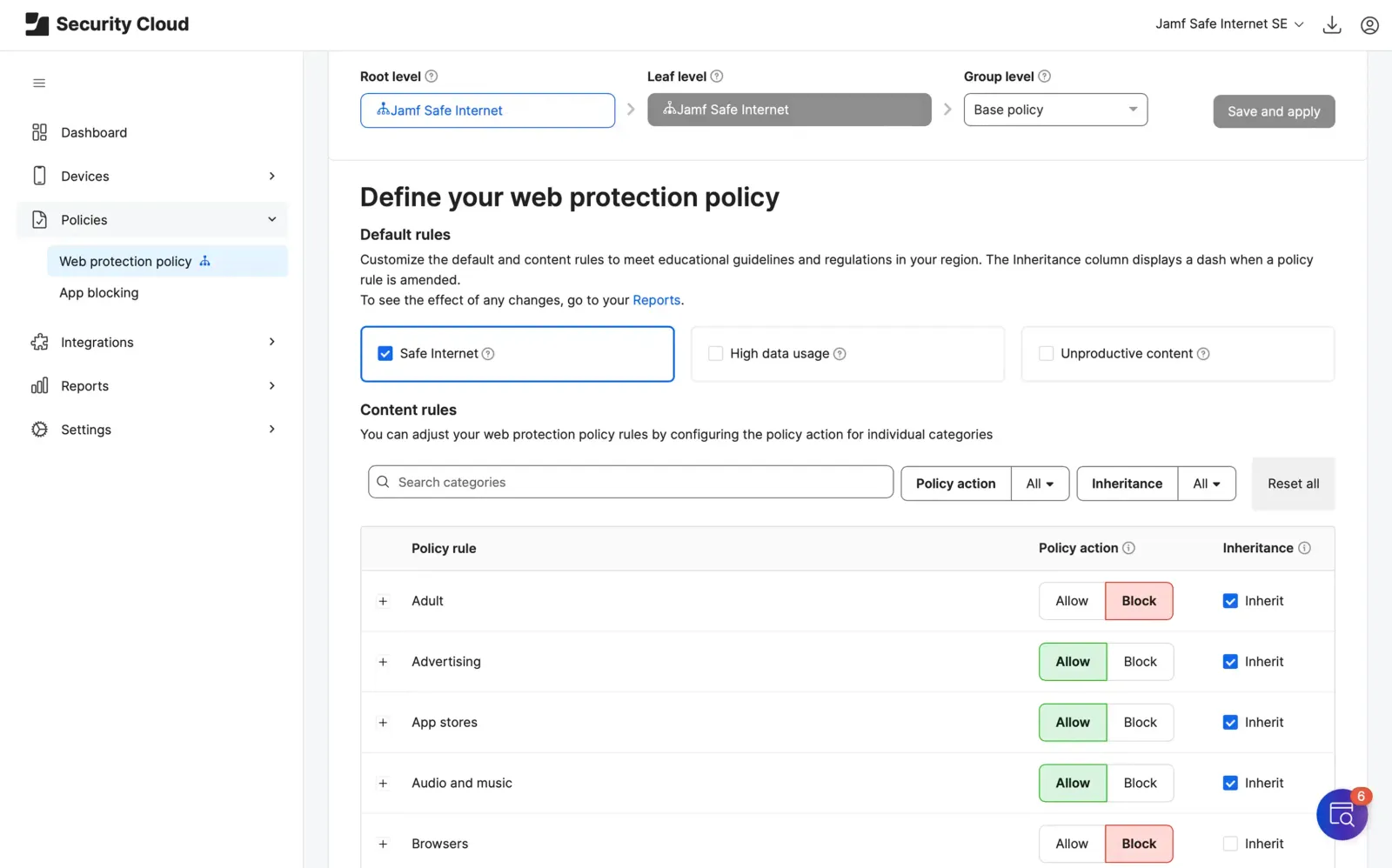 An image showing the Jamf Safe Internet user interface showing Define your web protection policy with default rules and content rules.