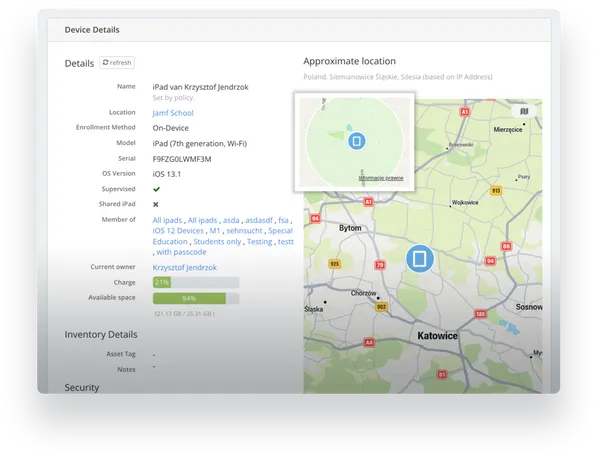 Screenshot of a Jamf School device location page with map.