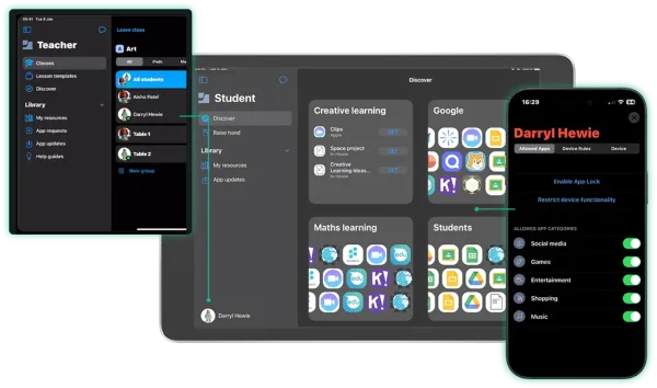 A screen from Jamf School, displaying a teacher interface with options like classes, lesson templates and my resources. It also shows a student view with app categories and device rules.