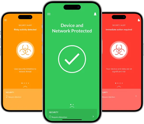 Three smartphones displaying the Jamf Trust mobile security app interface. The center phone has a green screen indicating