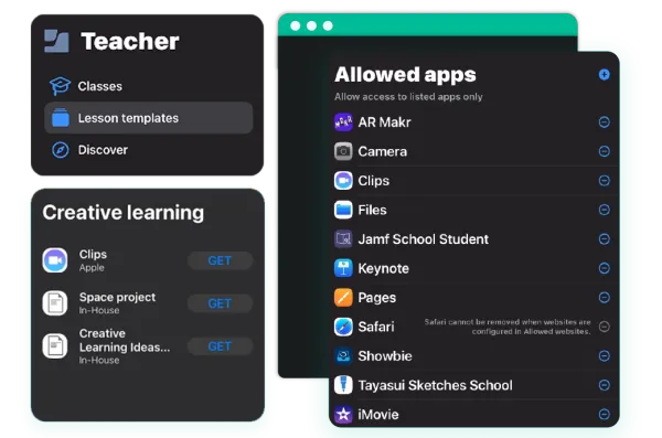 Jamf Teacher interface showing allowed apps for a class, including apps like AR Makr, Clips, and Keynote, demonstrating IT-controlled app deployment for teacher-led learning.