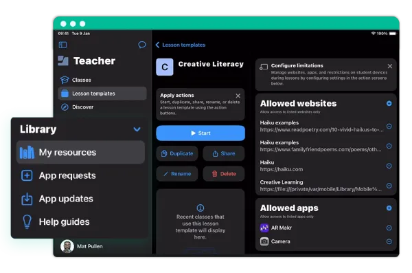 Jamf Teacher interface showing lesson template configuration, including allowed websites and apps for a 'Creative Literacy' lesson, illustrating how educators can personalize device settings.
