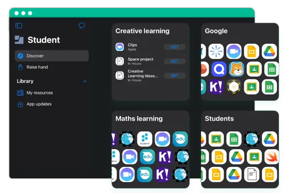 Jamf Student interface showing a variety of educational apps and resources for K-12 learning, including tools for creative learning, math, and Google Workspace.