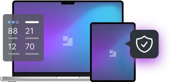 Apple MacBook and iPad displaying Jamf security analytics and compliance shield overlays.