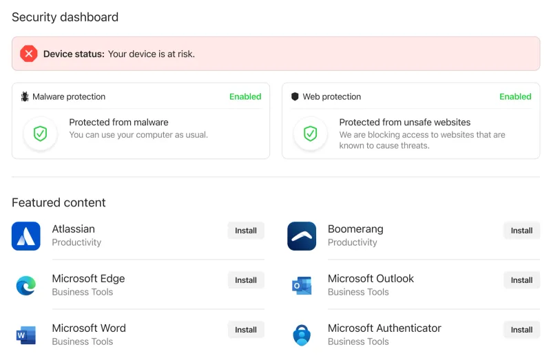 Jamf Security dashboard showing a device at risk, malware and web protection enabled, and featured apps for installation.