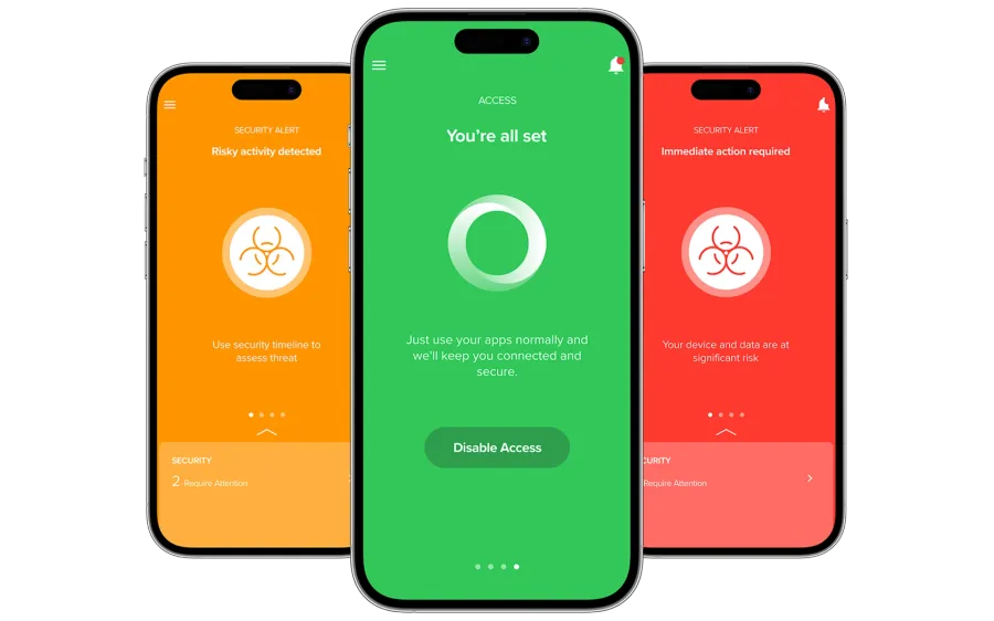 An illustration of the Jamf Trust mobile application showing various security alerts and access controls on three different iPhone interfaces.