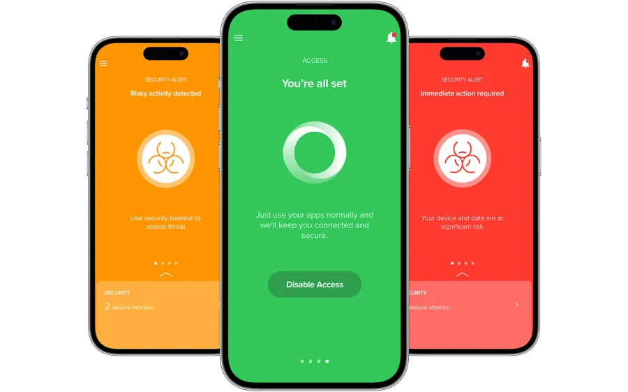 Three Apple iPhones displaying different security alerts within the Jamf Trust app.