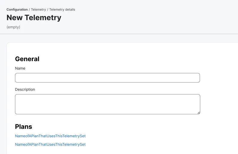 Jamf configuration interface for creating new telemetry settings, including fields for name and description.