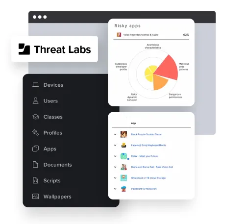 Jamf Threat Labs interface showing risky apps and a list of managed apps.