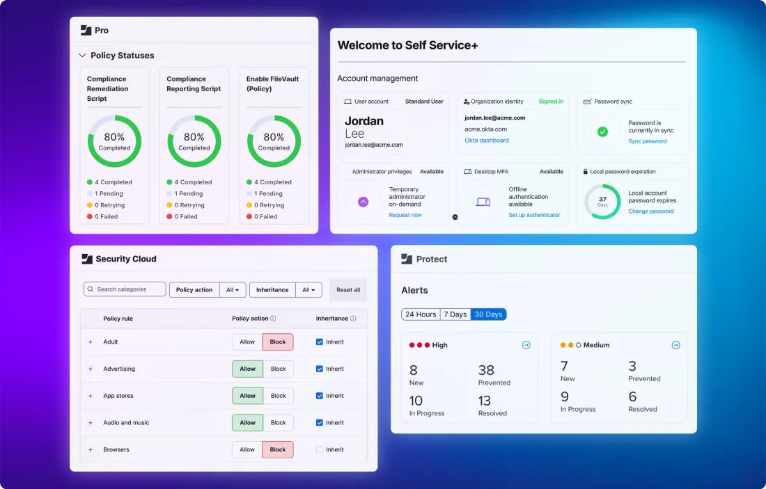 The Jamf Pro interface displaying policy statuses, Self-Service+ and Security Cloud.