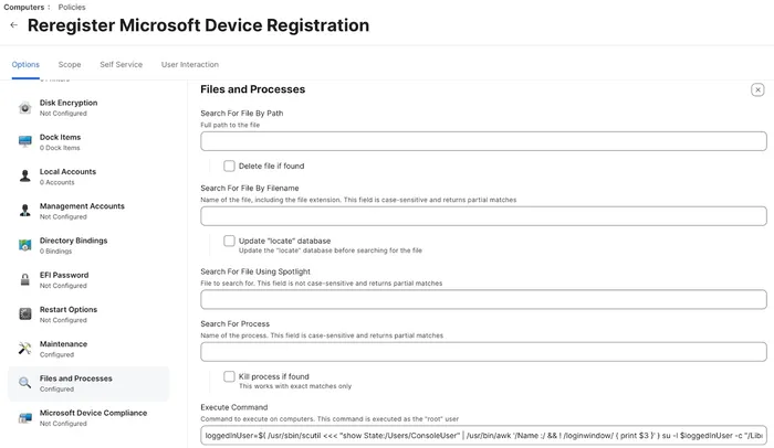Screen in Jamf Pro to reregister microsoft devices