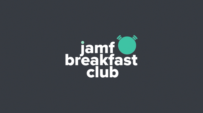 The Jamf Breakfast Club logo, white text with a green silhouette of an alarm clock