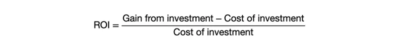 ROI equals gain from investment minus cost of investment, all divided by cost of investment
