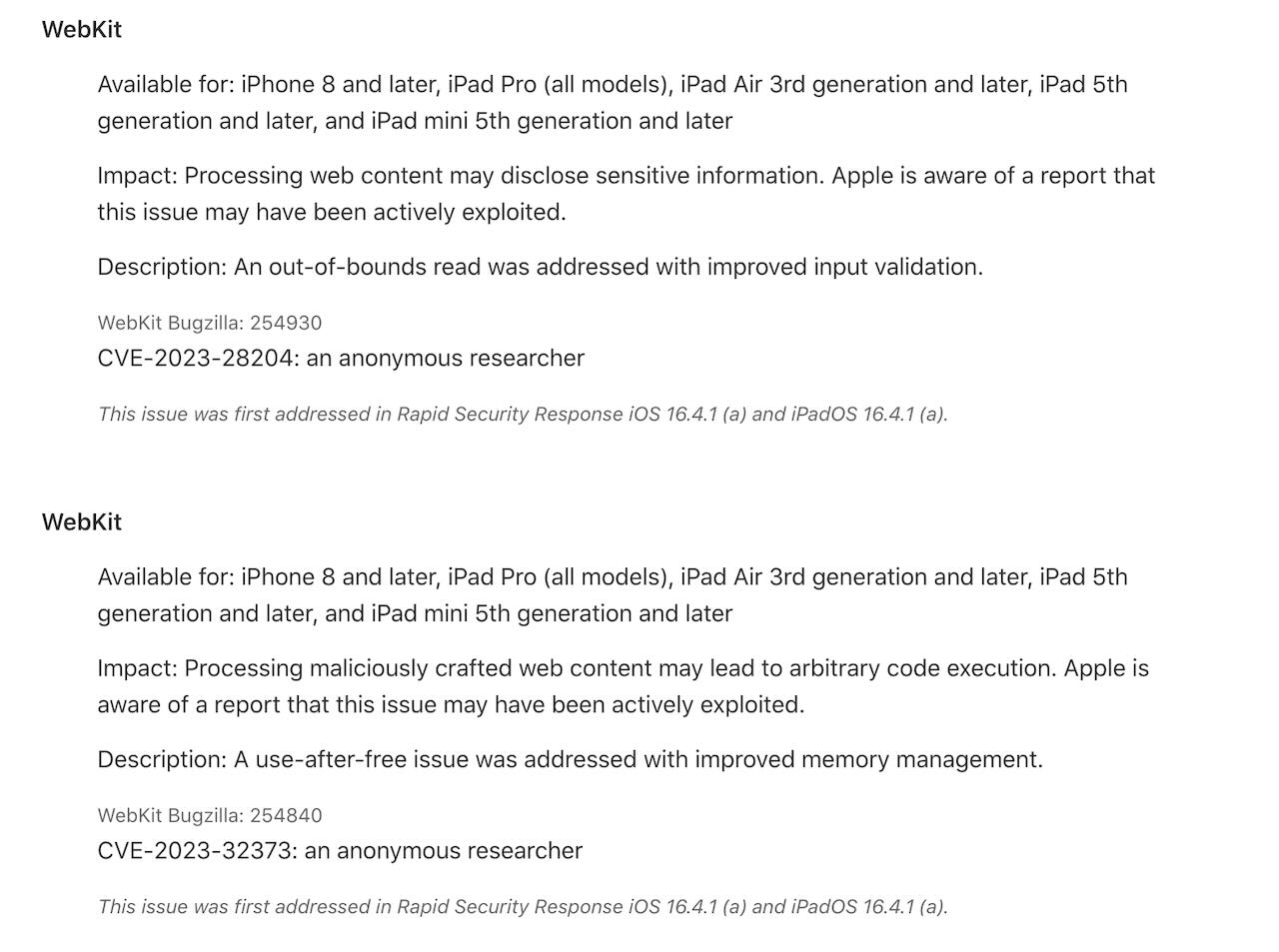 Apple's Rapid Security Response iOS and iPadOS 16.4.1 (a) release notes explaining changes related to CVE-2023-28204