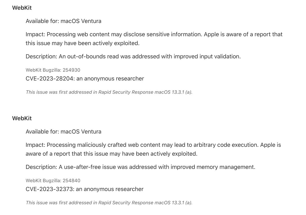 Apple's Rapid Security Response macOS 13.3.1 (a) release notes explaining changes related to CVE-2023-28204