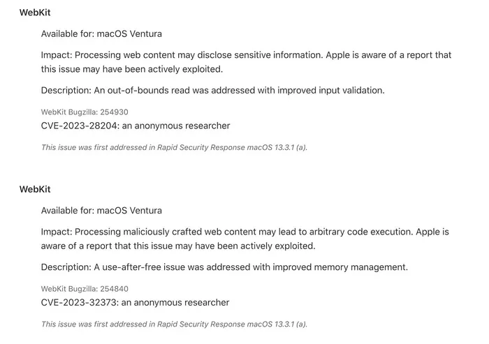 Apple's Rapid Security Response macOS 13.3.1 (a) release notes explaining changes related to CVE-2023-28204