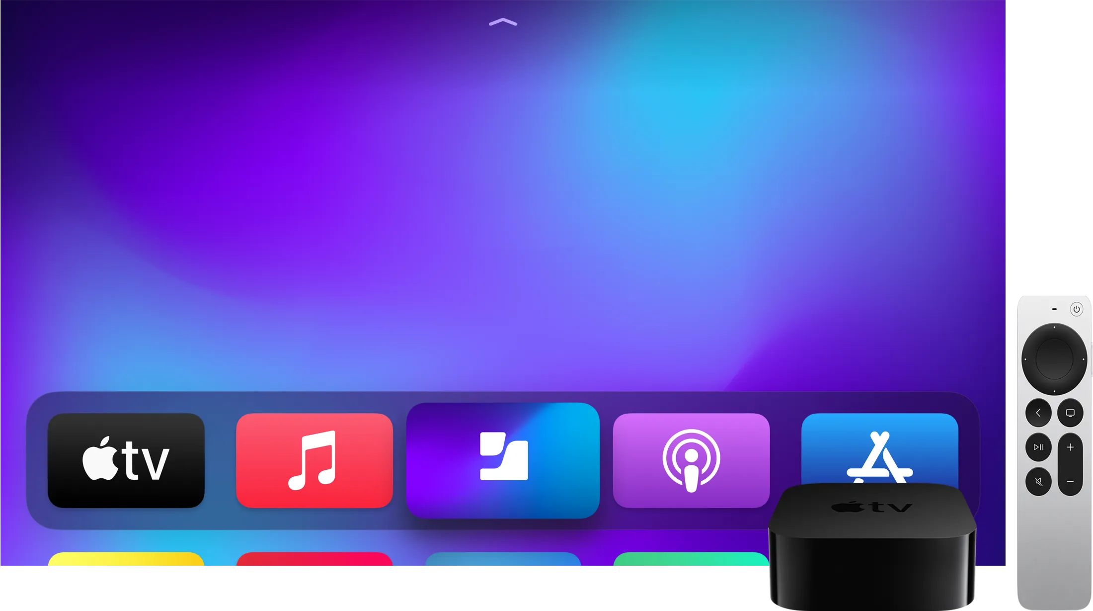 An image showing an Apple TV with a remote and Apple TV OS.