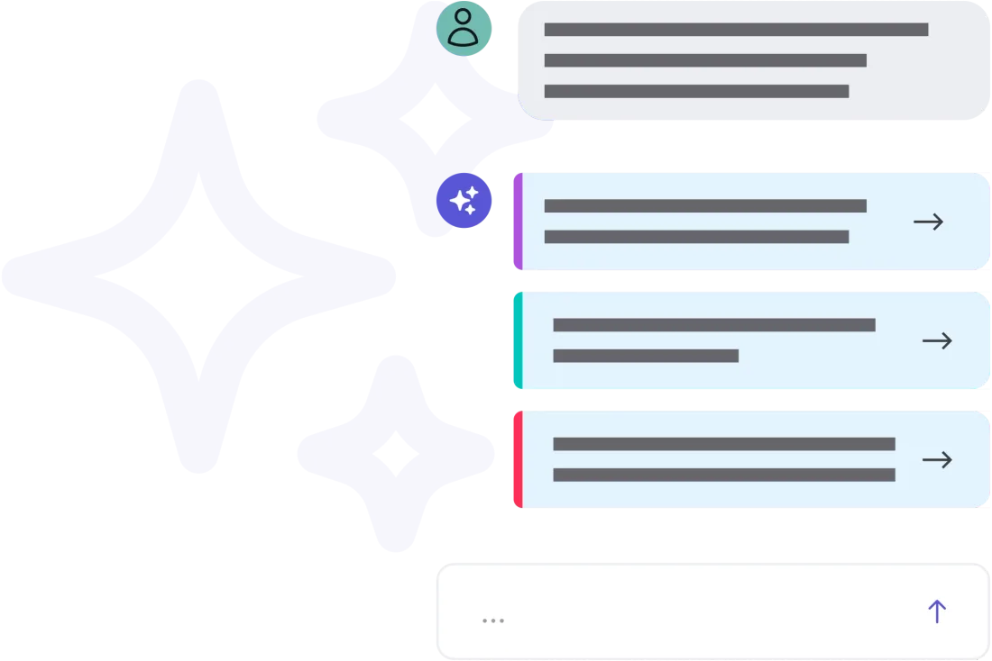 A minimalist illustration of a Jamf messaging interface, showing a user message, three AI-generated response options highlighted with colored borders, and a text input box.
