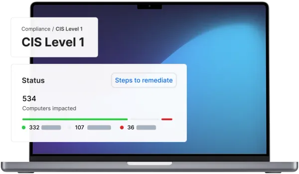 Cybersecurity software dashboard on a laptop screen showing CIS Level 1 compliance status and remediation steps.