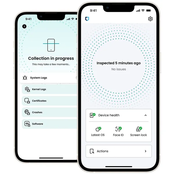 iPhone screens displaying security data collection and report