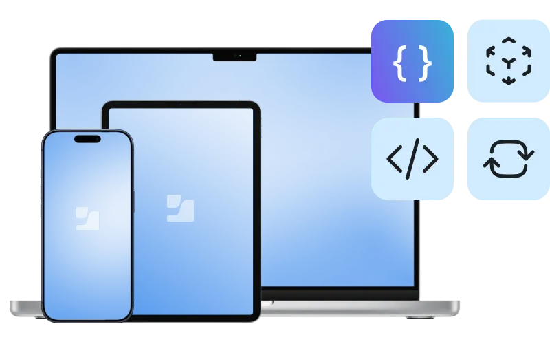 Mac, iPad and iPhone displaying the Jamf logo, with icons for code, targeted configuration, scripting, and syncing, representing Jamf's Terraform-based approach to IaC.