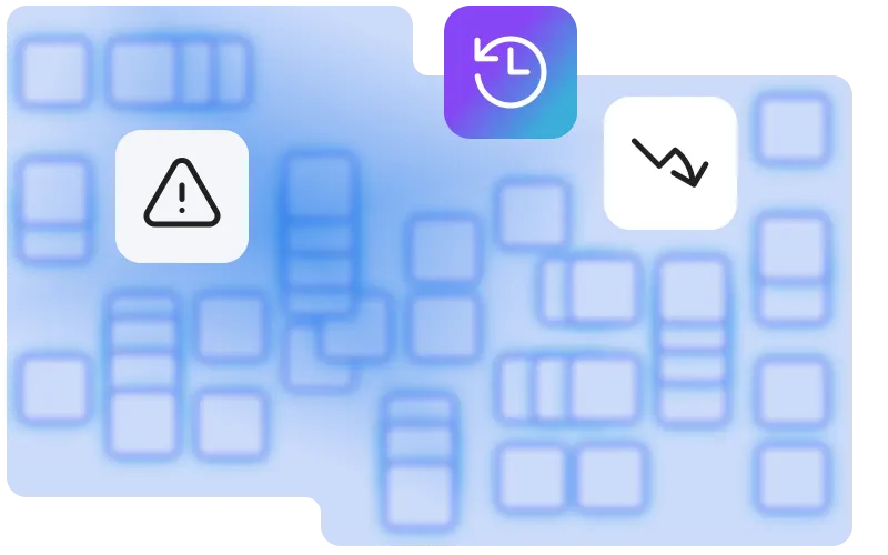 Grid of scattered configuration tiles with icons for a warning alert, change history, and a downward trend, representing configuration drift and lost audit trails from manual device management.