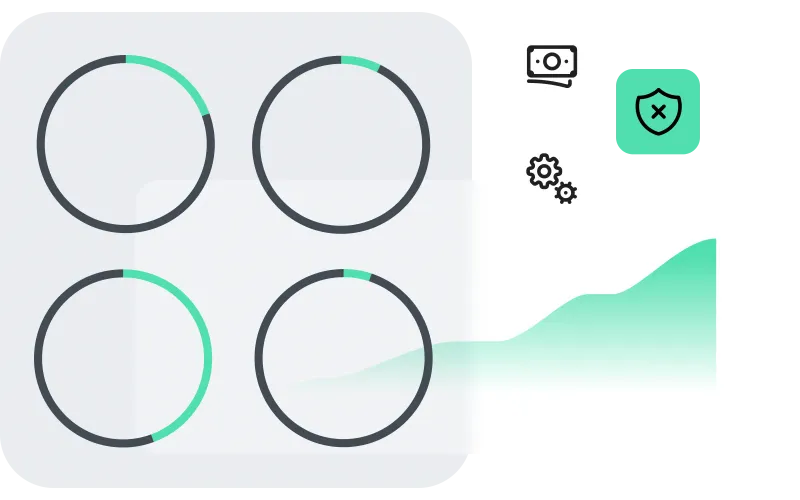 Illustration of statistic circles with security, cost, and settings icons representing AI governance survey data.