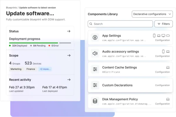 Jamf blueprints update deployment status alongside a declarative configurations library for Apple devices.