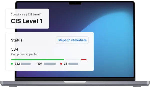 Image showing an Apple computer of Compliance CIS Level 1 and number of computers impacted.