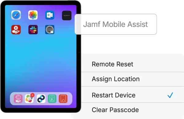 Image of an iPad displaying some apps, Jamf Mobile Assist and a menu with Restart Device selected.