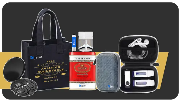 A graphic illustration showing Jamf swag for air travelers, including a Bluetooth speaker and traveling case.