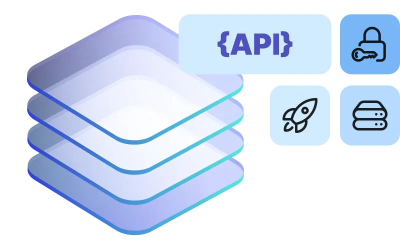 Stacked layers representing the Jamf Platform API gateway, with icons for API access, authentication, fast deployment, and infrastructure.