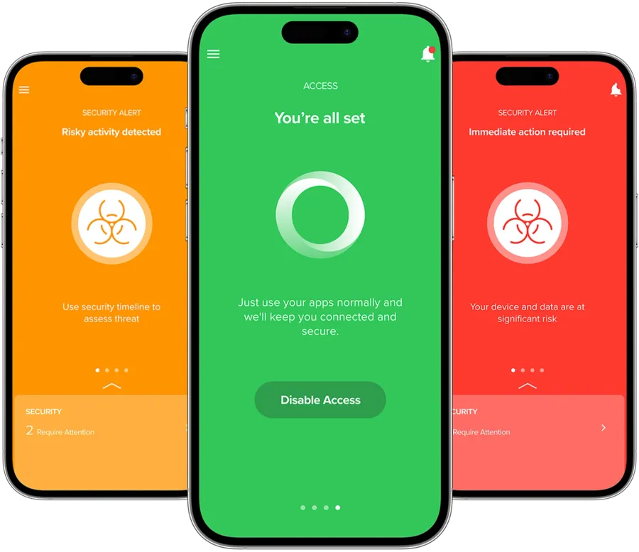 Image of three iPhones. One showing a green background with a You're all set message. One showing an orange background with 2 risky activities detected. One showing a red background with an Immediate action required message.