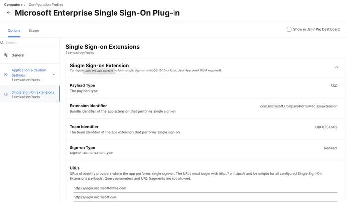 An example configuration profile payload for Single Sign-On in Jamf Pro